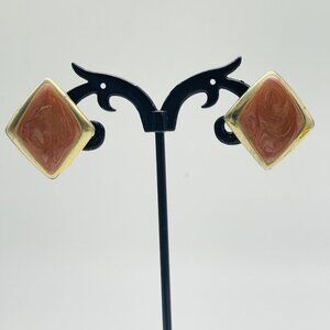 Vintage Peach Enamel Earrings Gold Tone Cabochon Diamond Clip On